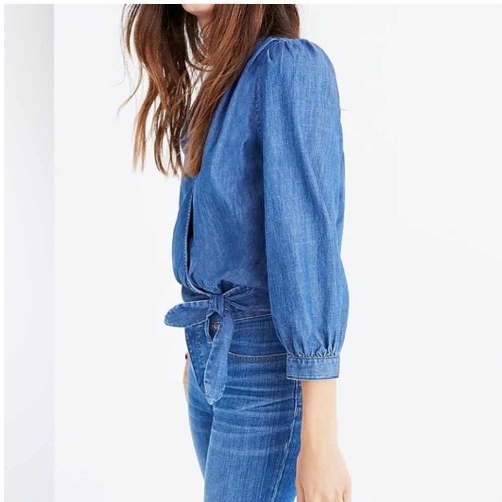 Madewell Denim Wrap Top Size M Blue Chambray Side Tie V-Neck Boho Minimalist - Picture 2 of 12
